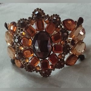 New Faceted Crystal Brown Orange Wide Stretchy Statement Bracelet